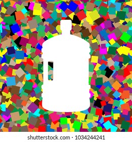 Plastic bottle silhouette sign. Vector. White icon on colorful background with seamless pattern from squares.