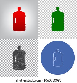 Plastic bottle silhouette sign. Vector. 4 styles. Red gradient in radial lighted background, green flat and gray scribble icons on transparent and linear one in blue circle.