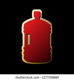 Plastic bottle silhouette sign. Vector. Red icon with small black and limitless shadows at golden sticker on black background.
