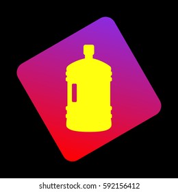 Plastic bottle silhouette sign. Vector. Yellow icon at violet-red gradient square with rounded corners rotated for dynamics on black background.