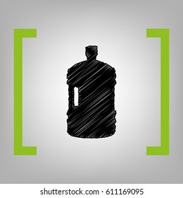 Plastic bottle silhouette sign. Vector. Black scribble icon in citron brackets on grayish background.