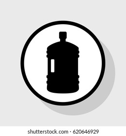 Plastic bottle silhouette sign. Vector. Flat black icon in white circle with shadow at gray background.