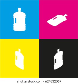 Plastic bottle silhouette sign. Vector. White icon with isometric projections on cyan, magenta, yellow and black backgrounds.