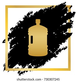 Plastic bottle silhouette sign. Vector. Golden icon at black spot inside golden frame on white background.