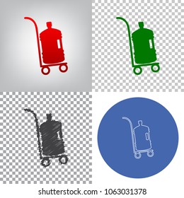 Plastic bottle silhouette with water. Big bottle of water on track. Vector. 4 styles. Red gradient in radial lighted background, green flat and gray scribble icons on transparent and linear