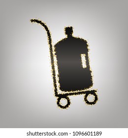 Plastic bottle silhouette with water. Big bottle of water on track. Vector. Blackish icon with golden stars at grayish background.