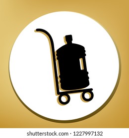 Plastic bottle silhouette with water. Big bottle of water on track. Vector. Black icon with light brown shadow in white circle with shaped ring at golden background.