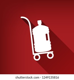 Plastic bottle silhouette with water. Big bottle of water on track. Vector. White icon with limitless shadow at ruby red background.