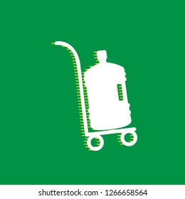 Plastic bottle silhouette with water. Big bottle of water on track. Vector. White flat icon with yellow striped shadow at green background.
