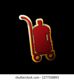 Plastic bottle silhouette with water. Big bottle of water on track. Vector. Red icon with small black and limitless shadows at golden sticker on black background.
