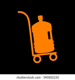 Plastic bottle silhouette with water. Big bottle of water on track. Orange icon on black background.