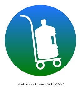 Plastic bottle silhouette with water. Big bottle of water on track. Vector. White icon in bluish circle on white background. Isolated.