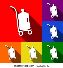 Plastic bottle silhouette with water. Big bottle of water on track. Vector. Set of icons with flat shadows at red, orange, yellow, green, blue and violet background.