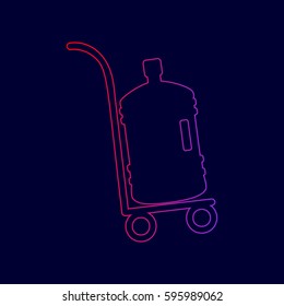 Plastic bottle silhouette with water. Big bottle of water on track. Vector. Line icon with gradient from red to violet colors on dark blue background.