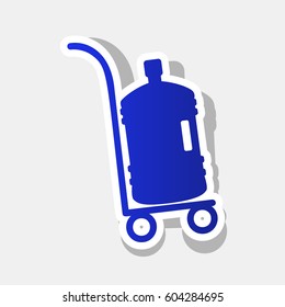 Plastic bottle silhouette with water. Big bottle of water on track. Vector. New year bluish icon with outside stroke and gray shadow on light gray background.