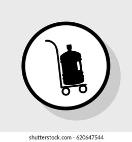 Plastic bottle silhouette with water. Big bottle of water on track. Vector. Flat black icon in white circle with shadow at gray background.