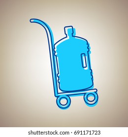 Plastic bottle silhouette with water. Big bottle of water on track. Vector. Sky blue icon with defected blue contour on beige background.