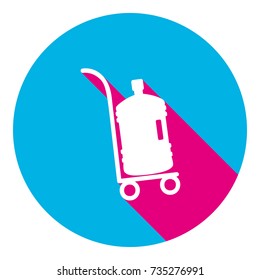 Plastic bottle silhouette with water. Big bottle of water on track. Vector. Flat white icon with mexican pink shadow inside sky blue(S and G) circle at white background. Isolated. Trend colors in 2017