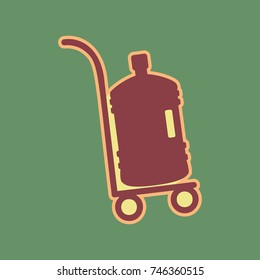 Plastic bottle silhouette with water. Big bottle of water on track. Vector. Cordovan icon and mellow apricot halo with light khaki filled space at russian green background.