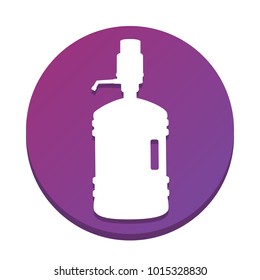 Plastic bottle silhouette with water and siphon. Vector. White icon with flat shadow on purpureus circle at white background. Isolated.