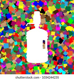 Plastic bottle silhouette with water and siphon. Vector. White icon on colorful background with seamless pattern from squares.