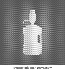 Plastic bottle silhouette with water and siphon. Vector. White knitted icon on gray knitted background. Isolated.
