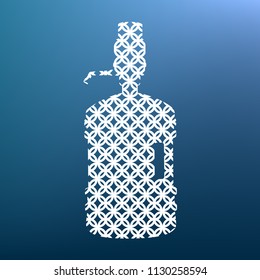 Plastic bottle silhouette with water and siphon. Vector. White textured icon at lapis lazuli gradient background.