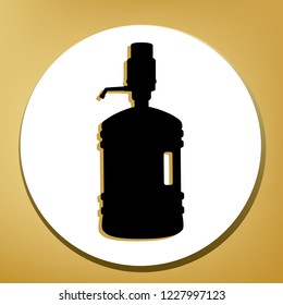 Plastic bottle silhouette with water and siphon. Vector. Black icon with light brown shadow in white circle with shaped ring at golden background.