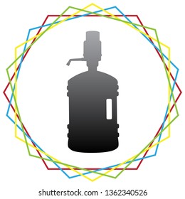 Plastic bottle silhouette with water and siphon. Vector. Black icon with patch of light inside colorful hexagonal frames at white background.