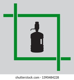 Plastic bottle silhouette with water and siphon. Black icon inside green crop tool at light gray background