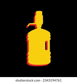 Silueta de botella de plástico con agua y sifón. Icono Amarillo extruido 3D con los lados rojos un fondo negro. Ilustración.