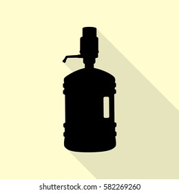 Plastic bottle silhouette with water and siphon. Black icon with flat style shadow path on cream background.