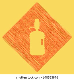 Plastic bottle silhouette with water and siphon. Vector. Red scribble icon obtained as a result of subtraction rhomb and path. Royal yellow background.