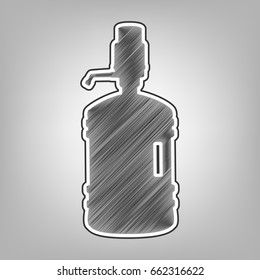 Plastic bottle silhouette with water and siphon. Vector. Pencil sketch imitation. Dark gray scribble icon with dark gray outer contour at gray background.