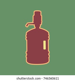 Plastic bottle silhouette with water and siphon. Vector. Cordovan icon and mellow apricot halo with light khaki filled space at russian green background.