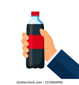 Plastic Bottle Of Soda Hold In Hand. Vector Illustration In Flat Style. Eps 10