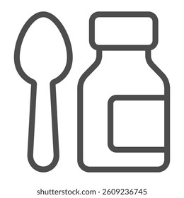 Plastic bottle and spoon line icon, pharmacy concept. Vector graphics. Spoon with cold medicine jar sign on white background, outline style icon for mobile or web design