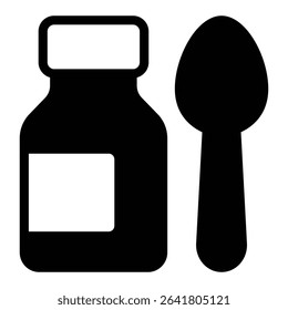 Plastic bottle and spoon solid icon, pharmacy concept. Vector graphics. Spoon with cold medicine jar sign on white background, style mobile or design