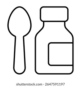 Plastic bottle and spoon thin line icon, pharmacy concept. Vector graphics. Spoon with cold medicine jar sign on white background, style mobile or design