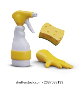 Fuego de pulverización con botella de plástico, esponja, guante de goma amarillo. Composición vectorial realista sobre fondo blanco. Negocio de limpieza publicitaria. Ilustración para el almacenamiento de productos químicos domésticos