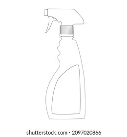 Frasco de plástico con la cabeza de pulverizador para la limpieza. Esquema simple, línea negra sobre fondo blanco, icono plano vacío. Ilustración vectorial.
