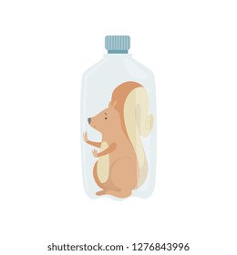 Plastic bottle with squirrel animal inside, global environmental problem, ecological disaster vector Illustration on a white background