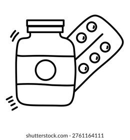 Plastic bottle standing next to a tablet strip containing multiple round pills
