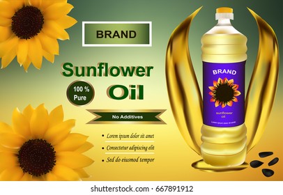 Plastic bottle of sunflower oil. Realistic sunflowers and oil splash on background. EPS 10 vector.