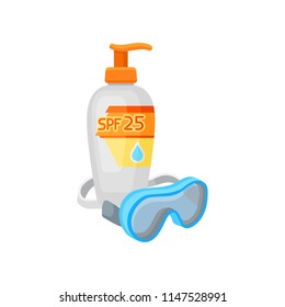 Plastic bottle of sunscreen cream with dispenser and goggles for snorkeling. Cosmetic product with SPF. Skin care theme. Flat vector icon