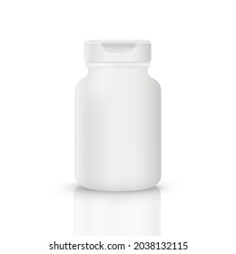 Plastic bottle template Flip cap for pills or vitamins Isolated from a white background with realistic reflections.