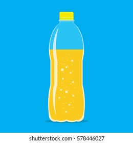 Plastic bottle three quarters filled of fresh sparkling orange juice. Flat icon isolated on sky blue background. Yellow liquid in transparent container. Vector eps10 illustration with transparency.