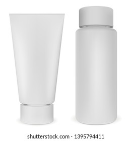 Plastic Bottle and Tube Set. White Cosmetic Container. Realistic Vector Package, isolated on Background. Shampoo, Lotion and Cream Product Template. Clear Cylinder Can Packing Illustration.