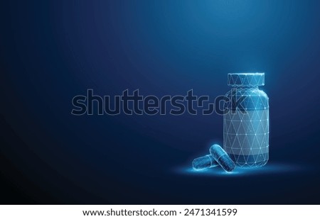 Plastic bottle with two abstract blue medical drug capsules. Healthcare medical and pharmacy concept. Low poly style. Geometric background Wireframe light connection structure Modern 3d graphic Vector