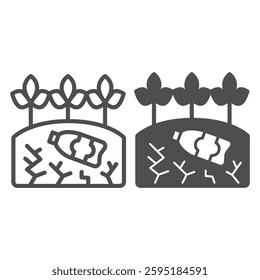 Plastic bottle under plants line and solid icon, climate change concept. Vector graphics. Soil ground cut and leaves plants sign on white background, outline style icon for mobile or web design